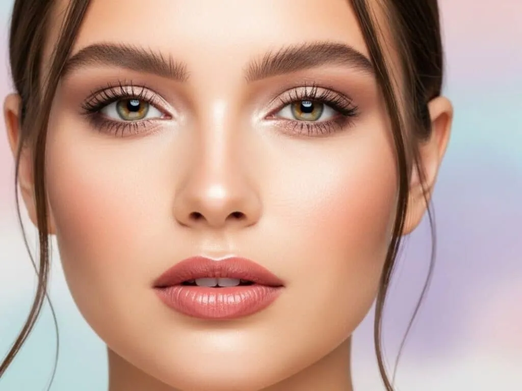 Mulher com maquiagem glam suave, pele glow e fundo elegante em tons pastel.