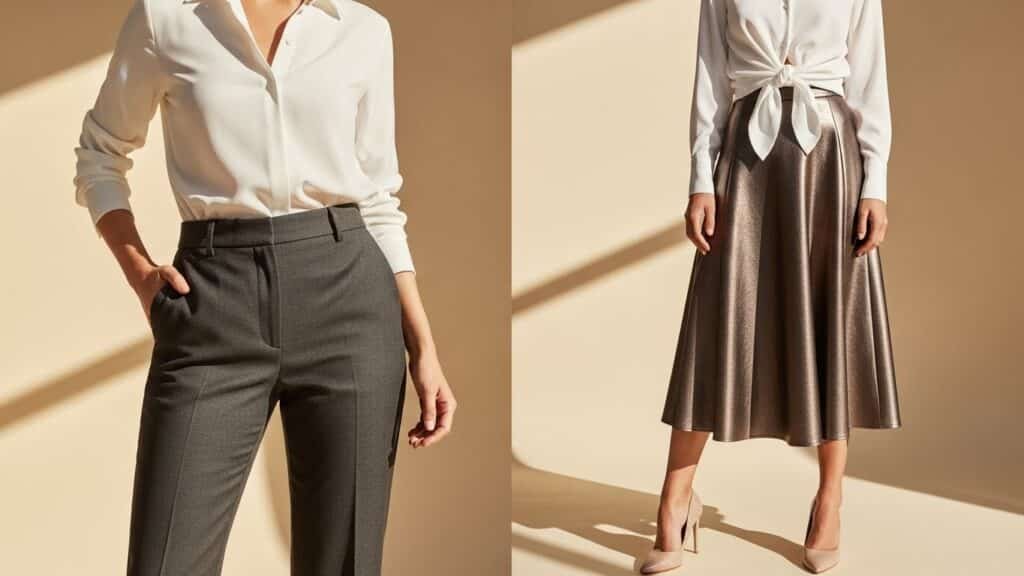 Moda elegante com blusa e saia