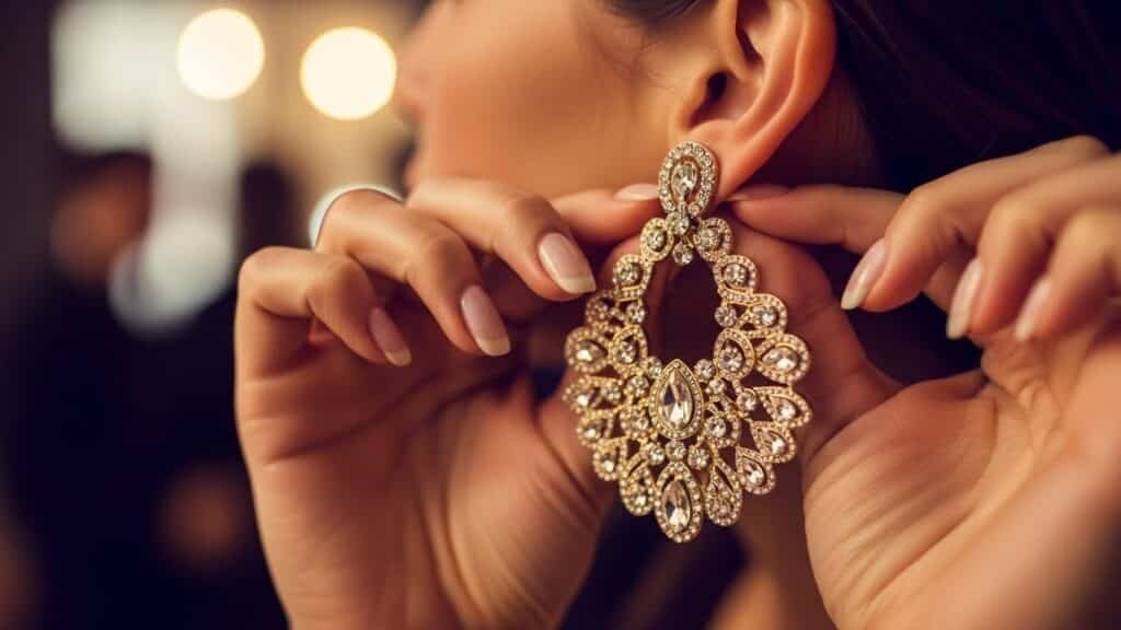 Mulher colocando brinco elegante.
