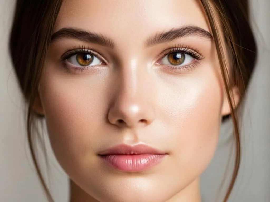 Close de mulher com pele glow natural e acabamento uniforme.