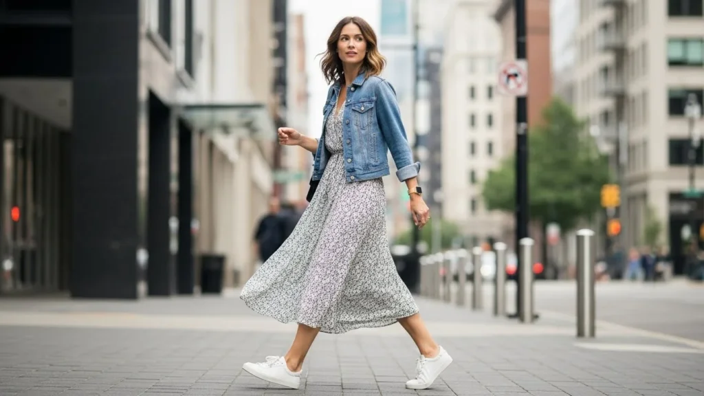 Mulher usando tênis feminino casual em look urbano estiloso