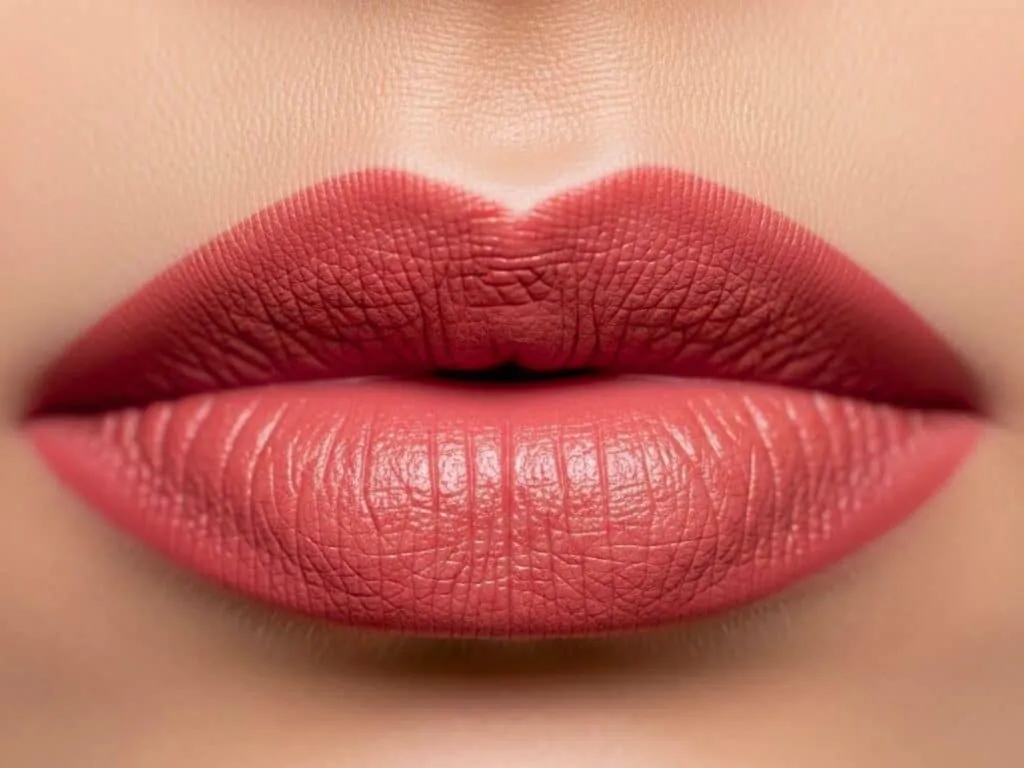Lábios femininos com batom nude rosado e acabamento suave