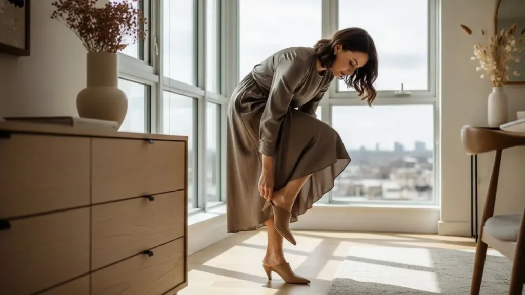 Mule feminino de bico fino em ambiente moderno