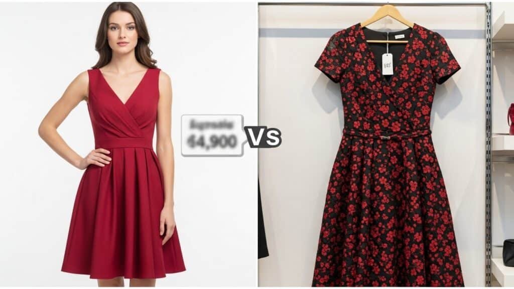 Vestidos vermelho e floral em comparação.