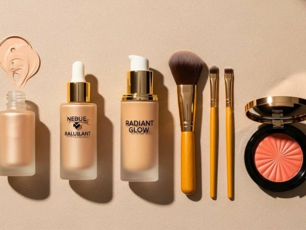 Produto de maquiagem glow em flat lay com estilo luxuoso.