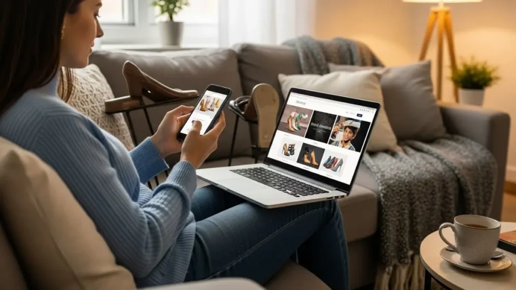 Mulher comprando sapatos femininos online em casa