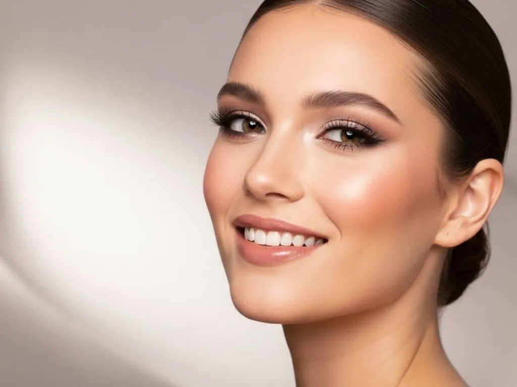 Mulher sorrindo com maquiagem glam leve e iluminação suave