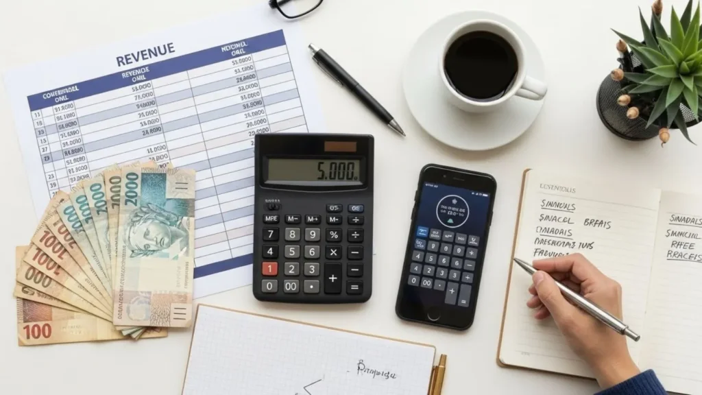 Vista superior calculadora mostrando 5000 com planilha financeira e dinheiro sobre mesa