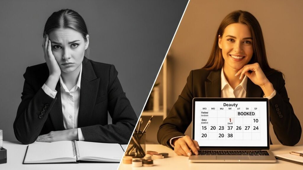 Comparação visual agenda vazia versus agenda lotada de designer de sobrancelhas