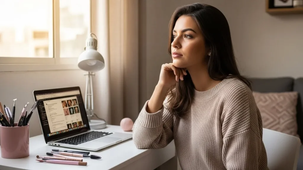 Mulher empreendedora planejando negócio de design de sobrancelhas em home office