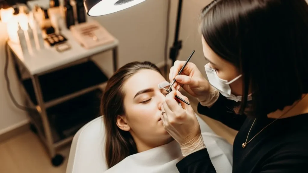 Profissional fazendo design de sobrancelhas com técnica precisa em cliente relaxada