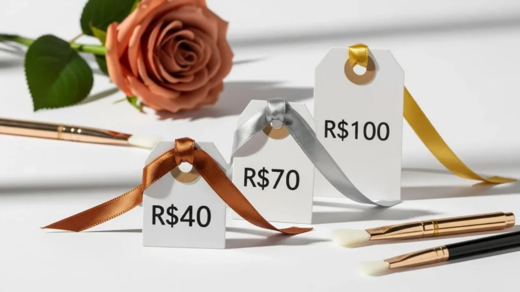 Três etiquetas de preço mostrando evolução valores R$ 40, R$ 70, R$ 100 para sobrancelhas