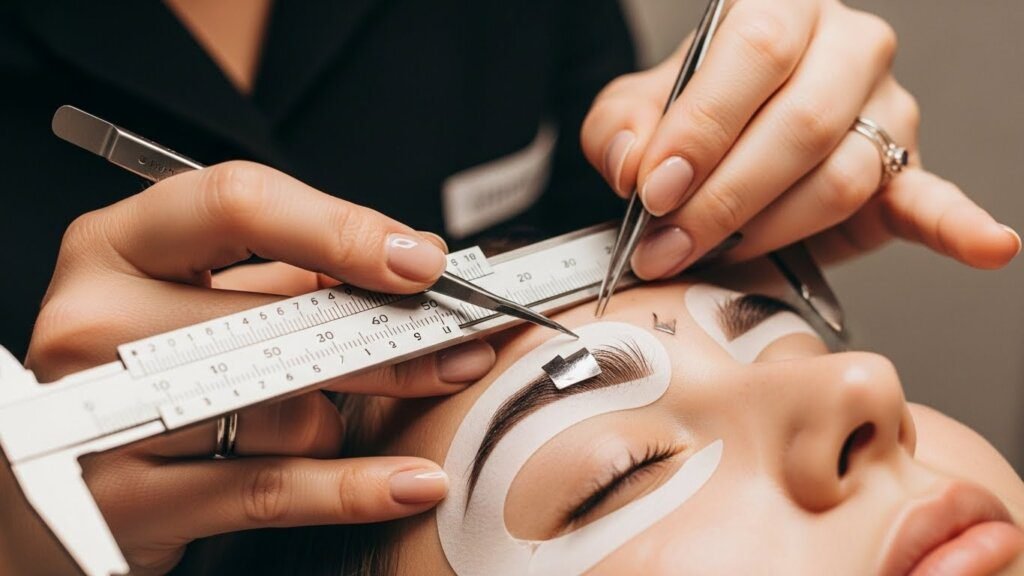 Técnica profissional precisa de design de sobrancelhas com ferramentas de qualidade
