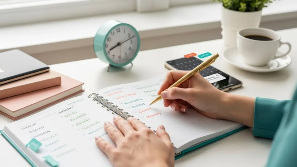 Planner aberto mostrando agenda completamente lotada com mãos escrevendo novo agendamento