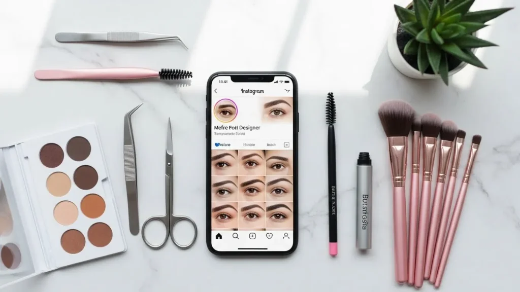 Instagram de designer de sobrancelhas mostrando portfólio e ferramentas profissionais