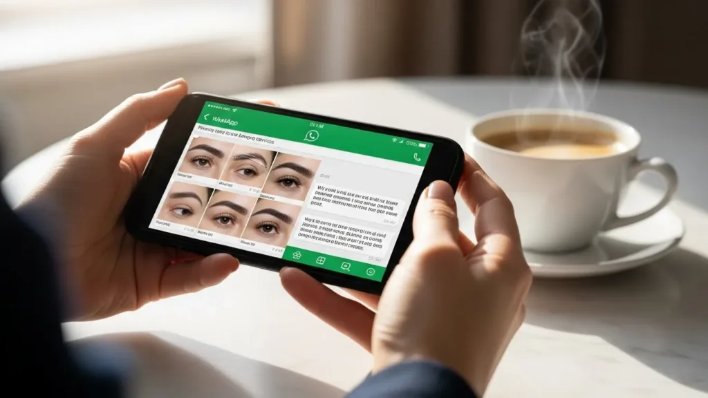 Conversa profissional no WhatsApp sobre agendamento de design de sobrancelhas