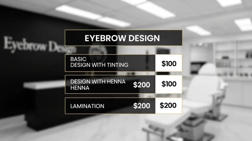 Quadro menu serviços sobrancelhas com preços escalonados e opções complementares