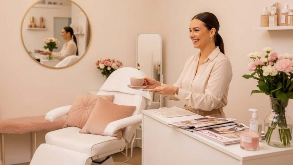 Designer de sobrancelhas oferecendo experiência acolhedora e memorável para cliente