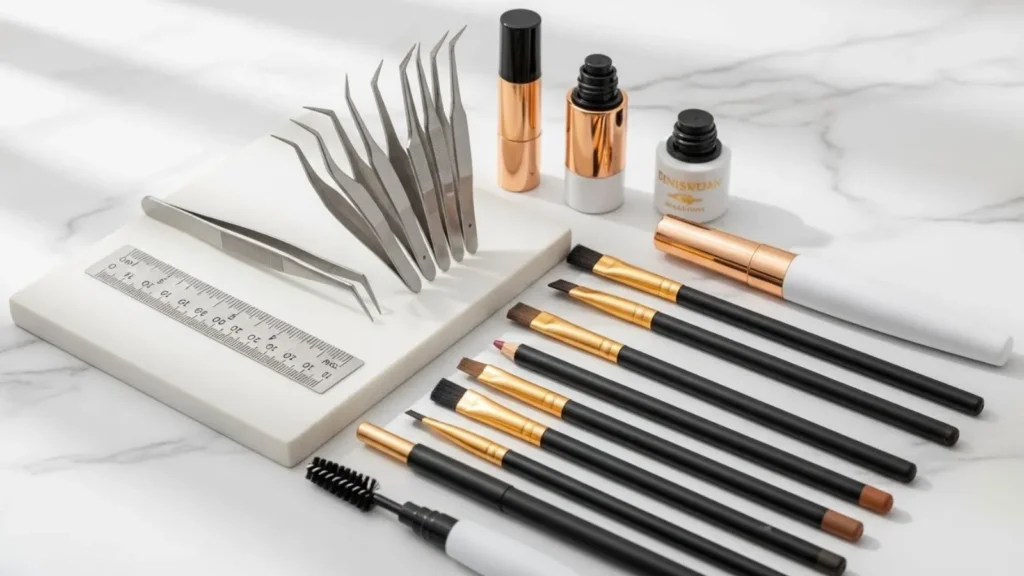 Kit ferramentas premium design sobrancelhas com pinças réguas lápis sobre mármore branco