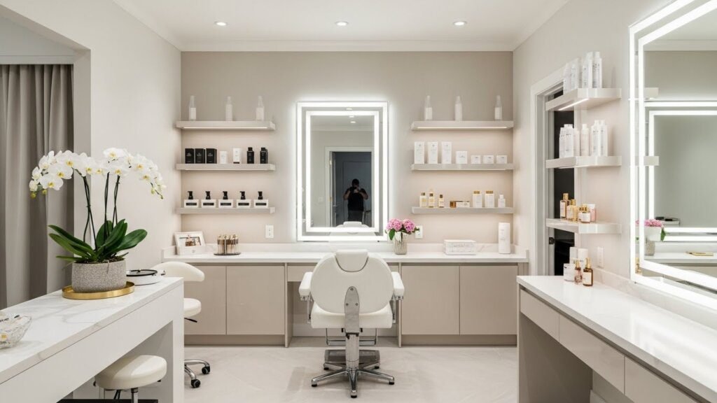 Estúdio premium de design de sobrancelhas com decoração elegante e profissional