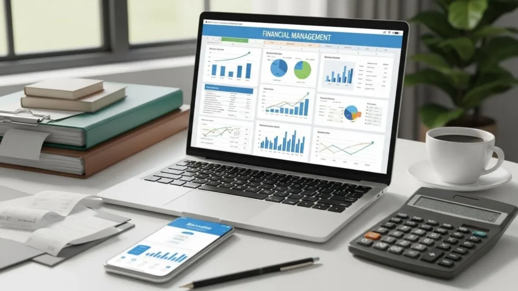 Laptop mostrando planilha financeira com gráficos crescimento receitas e controle despesas