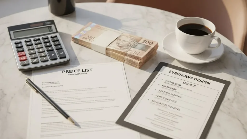 Planejamento financeiro e tabela de preços para serviços de design de sobrancelhas