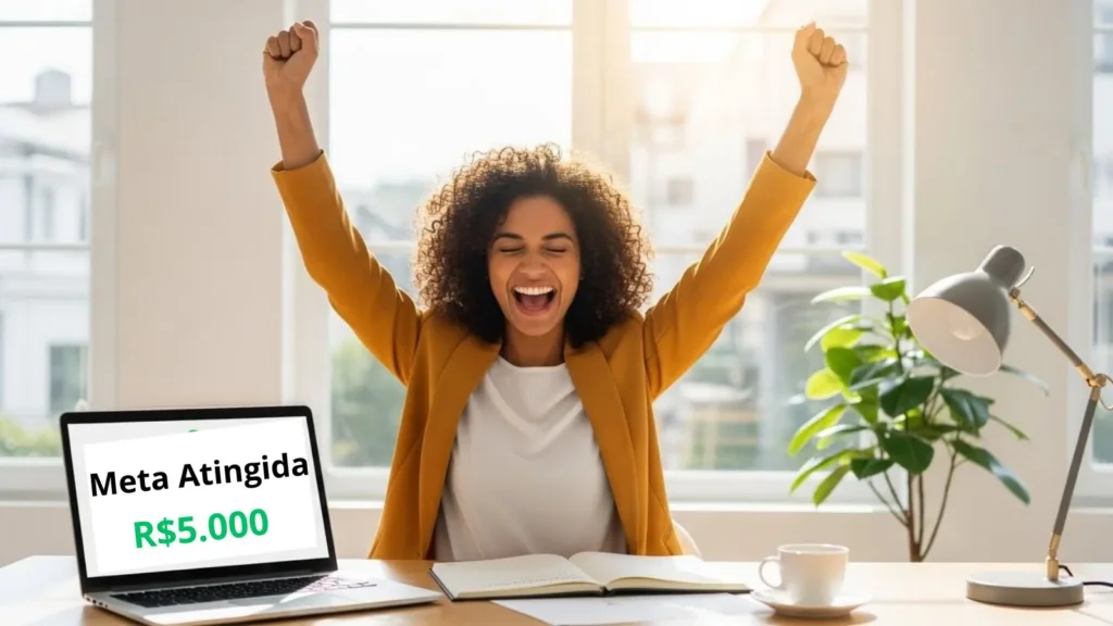 Mulher empreendedora celebrando conquista meta financeira em escritório casa iluminado