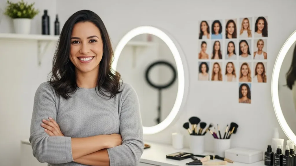 Mulher empreendedora bem-sucedida em estúdio de design de sobrancelhas próprio