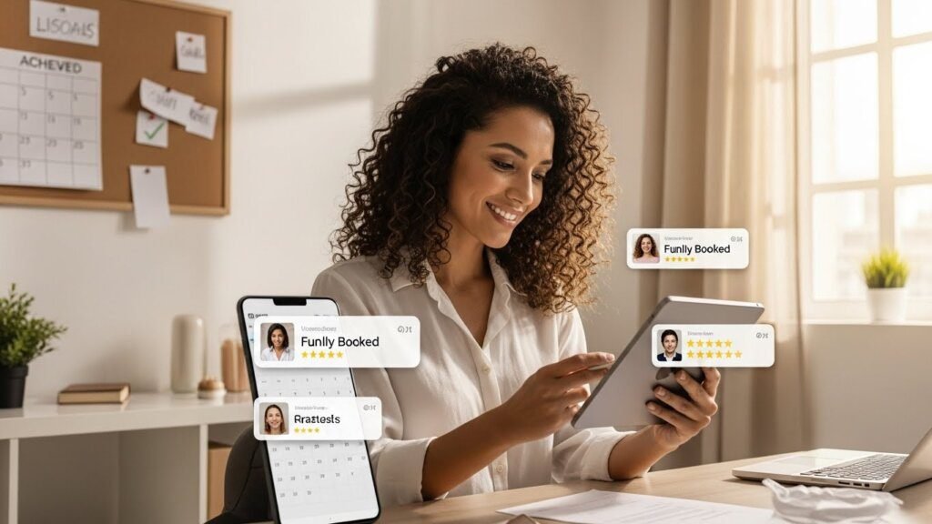 Designer de sobrancelhas bem-sucedida celebrando agenda lotada e metas alcançadas