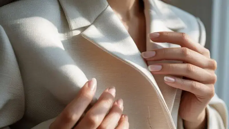 Detalhe de acabamento de roupa elegante e mãos bem cuidadas.