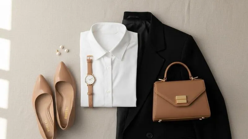 Flatlay elegante com roupas básicas de qualidade, blazer, camisa branca e acessórios neutros
