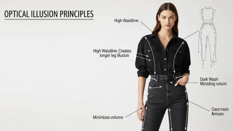 Diagrama mostrando princípios de ilusão óptica aplicados à moda e jeans