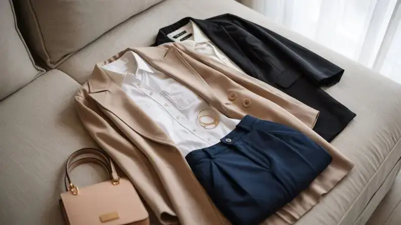 Peças essenciais de um guarda-roupa cápsula feminino dispostas em estilo flatlay com roupas neutras e versáteis.