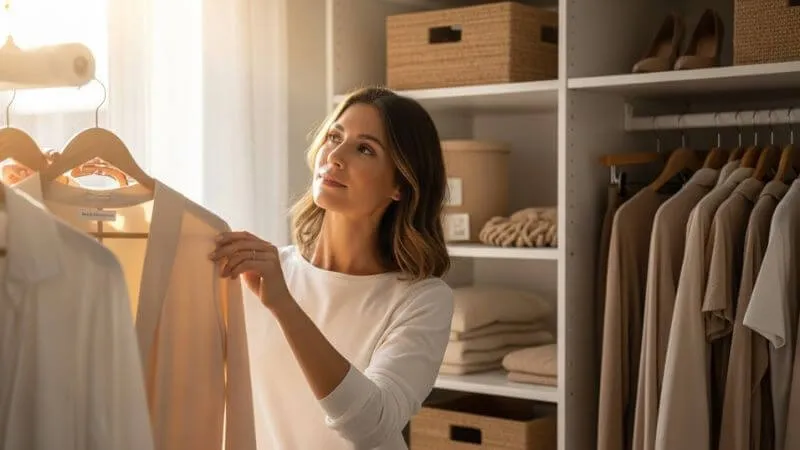 Mulher confiante organizando guarda-roupa minimalista com peças elegantes e acessíveis