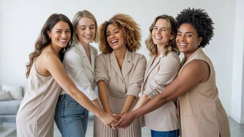 Grupo diverso de mulheres confiantes celebrando diferentes tipos de corpo feminino