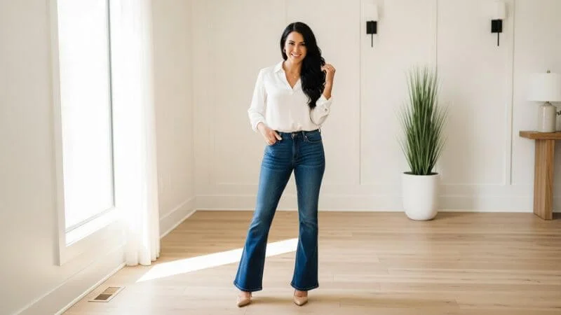 Mulher confiante usando look completo com calça jeans que valoriza silhueta