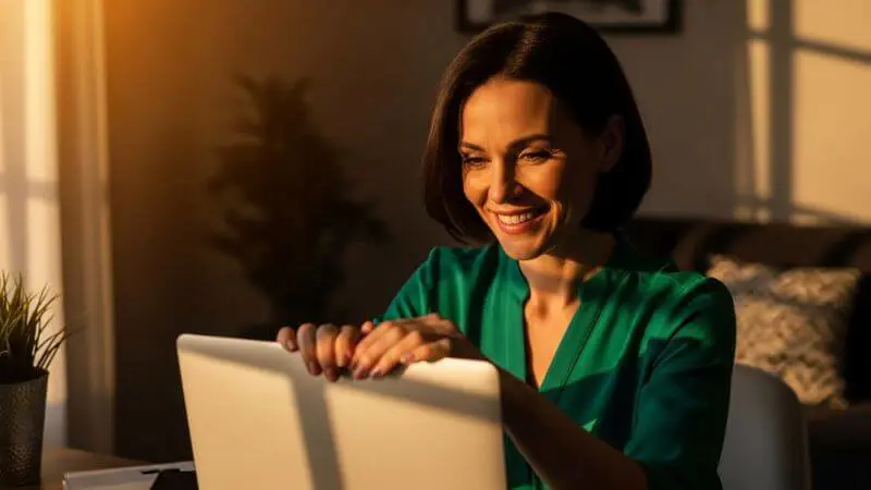 Mulher sorridente e elegante fechando o notebook após dia de trabalho 