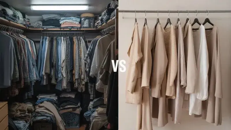 Comparação entre um guarda-roupa bagunçado e um guarda-roupa cápsula estratégico e minimalista.