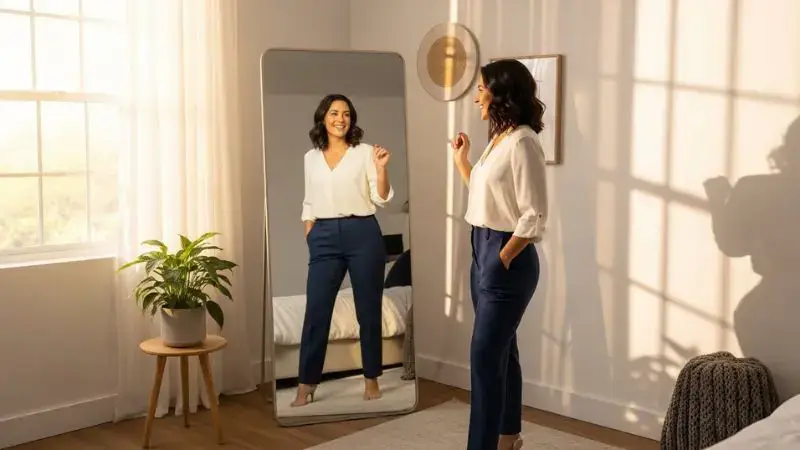 Mulher empoderada sorrindo para seu reflexo no espelho vestindo look elegante.