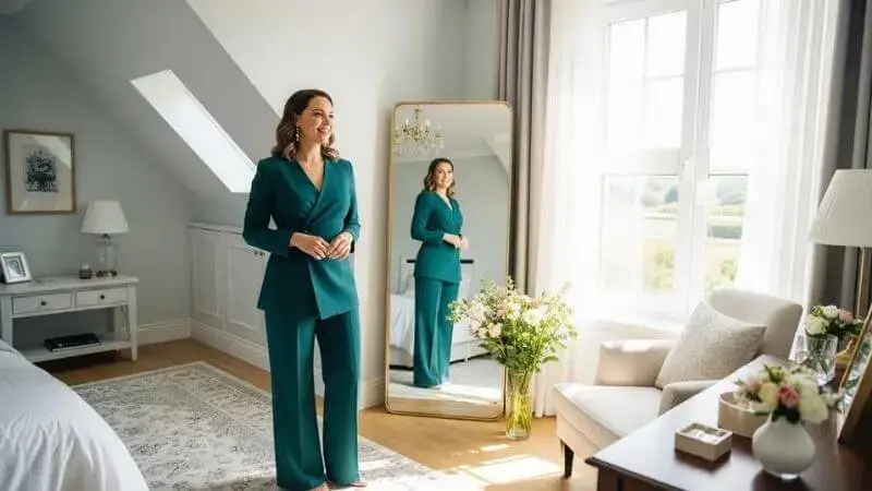 Mulher empoderada e sorridente vendo seu look no espelho.