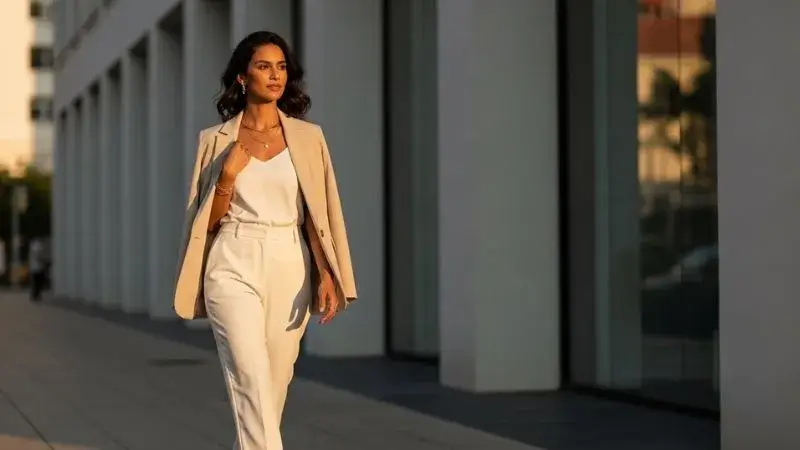 Mulher elegante com look monocromático bege e off-white caminhando na rua sob luz natural.