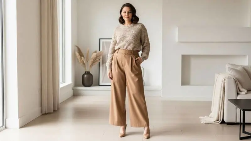 Mulher baixinha curvilínea usando look monocromático bege com texturas, calça pantalona e suéter, silhueta alongada