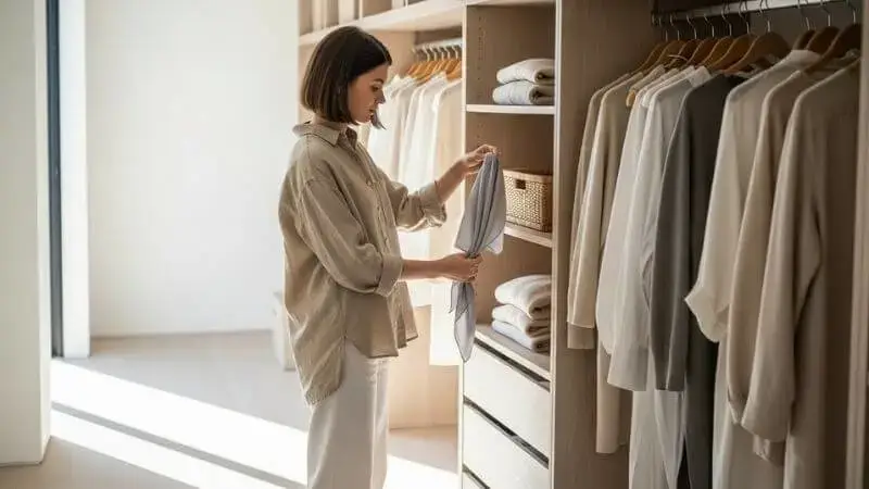 Guarda-roupa organizado com peças em tons de bege, branco e preto.