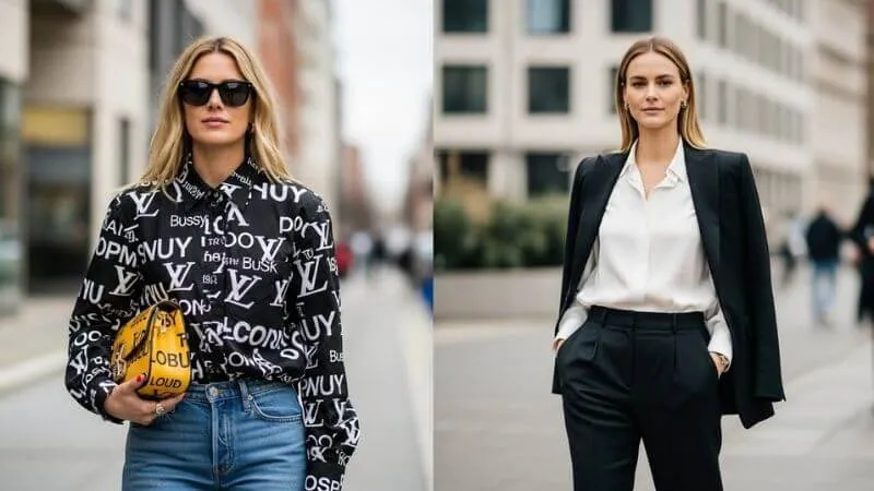 Comparação entre roupas com logos grandes e peças minimalistas elegantes sem marcas aparentes