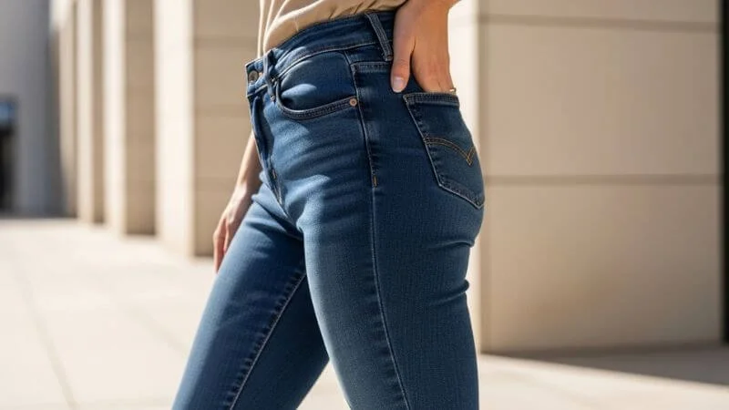 Mulher usando calça jeans skinny escura mostrando ajuste justo do corpo