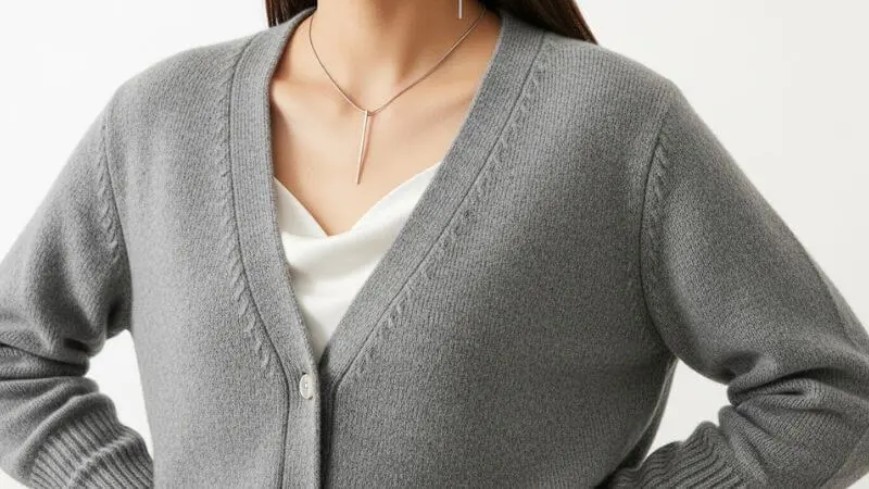 	Cardigan cinza estruturado sobre blusa de seda branca, visual profissional para Zoom.