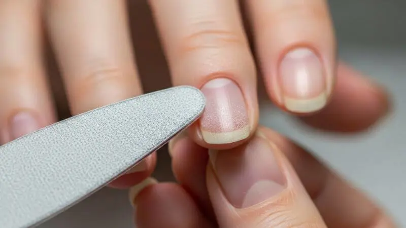 Detalhe de lixa de vidro dando formato às unhas naturais de forma profissional.