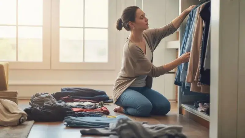 Mulher fazendo limpeza e auditoria de roupas para montar um guarda-roupa cápsula funcional.