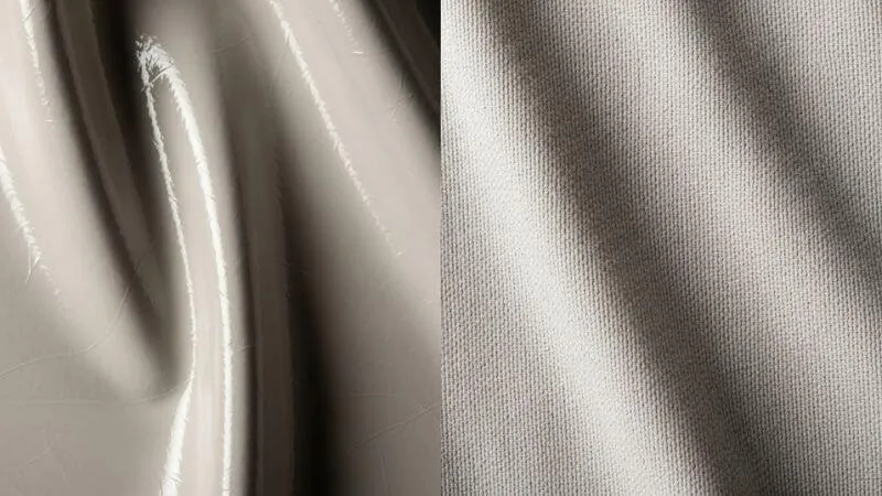 Comparação close-up entre tecido sintético brilhante e tecido natural fosco de qualidade