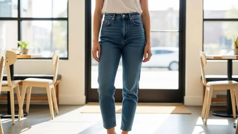 Mulher confiante usando mom jeans de cintura alta em ambiente casual moderno